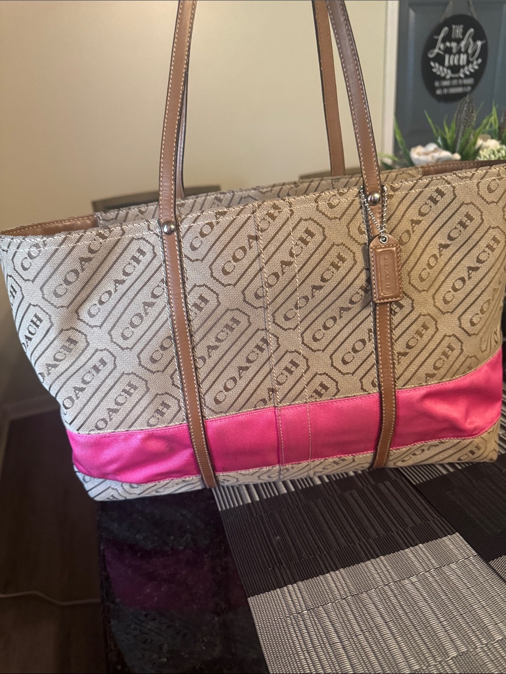 Coach Beige Signature Canvas Tote with Pink Stripe and Brown Leather